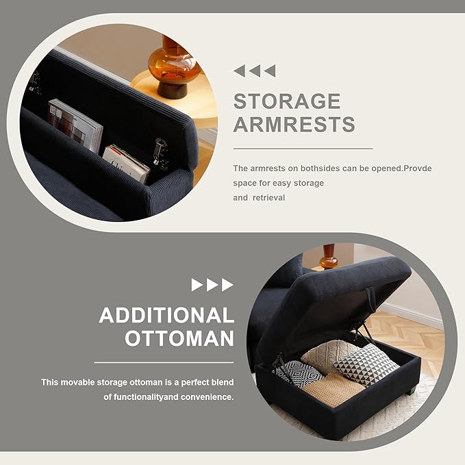 120.3" Modern L-Shaped Sectional Sofa with 360°Swivel Drop-Down Table, Storage Armrest, USB Ports & Movable Storage Ottoman – Plush Linen Cloud Couch for Lounge (Black)-HomvellaHome