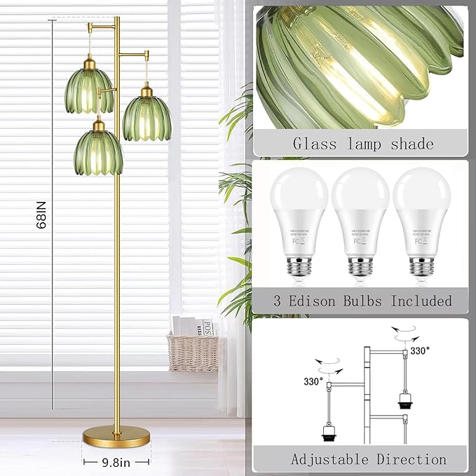 Gold Floor Lamp for Living Room,Bedroom,Mid Century Modern Standing Lamp Brass Tree 3 Light Tall Floor Lamps Vintage Retro Floor Lights Glass Green Flower Lamp Shade Farmhouse Boho Bohemian-HomvellaHome
