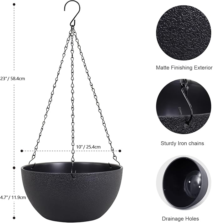 10 inch Hanging Planters for Indoor Outdoor Plants, 2 Pack Hanging Flower Pots with Drainage Holes and Chain for Garden Porch Plants, Round Plastic Hanging Baskets for House Plants, Black-HomvellaHome