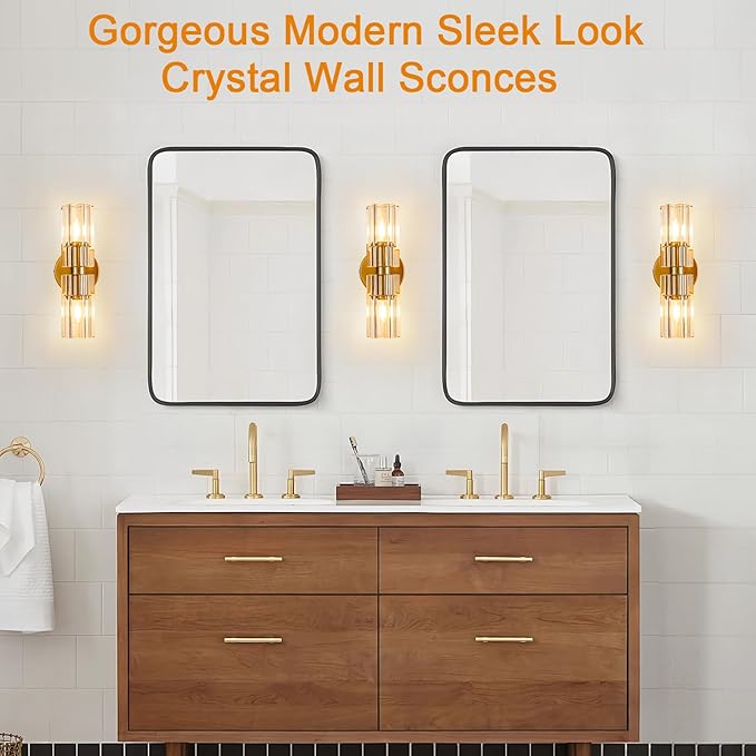 Gold Crystal Wall Sconces Set of Two, Wall Sconce Set of 2, Brass Sconces Wall Lighting with K9 Crystal Lampshade, Wall Lights for Bedroom Living Room Bathroom Hallway-HomvellaHome