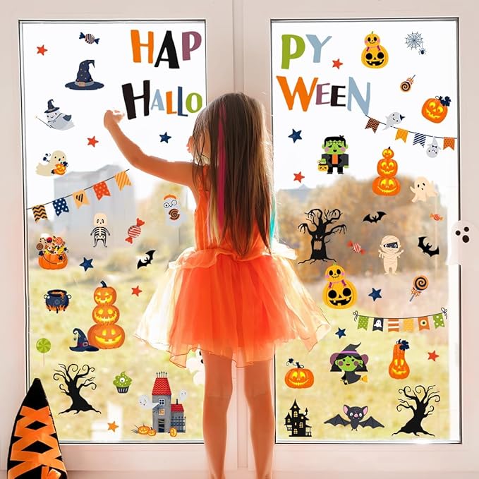 10 Sheets Halloween Window Clings Halloween Window Stickers Decorations Double-Sided Removable Castle Pumpkin Bat Glass Window Decals, Happy Halloween Window Clings for Kids Party Decorations-HomvellaHome