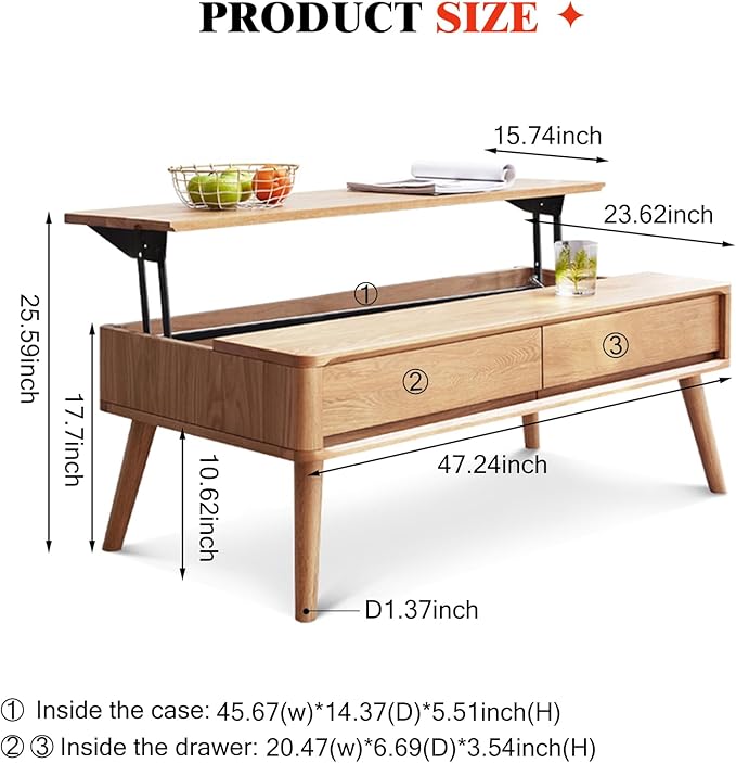 100% Solid Wood Lift Top Coffee Table for Living Room, Mid Century Modern Tables with Drawers and Large Storage, Oak Coffee Tables for Small Spaces (Oak Wood Log, 47.24" W x 23.62" D x 25.59" H)-HomvellaHome