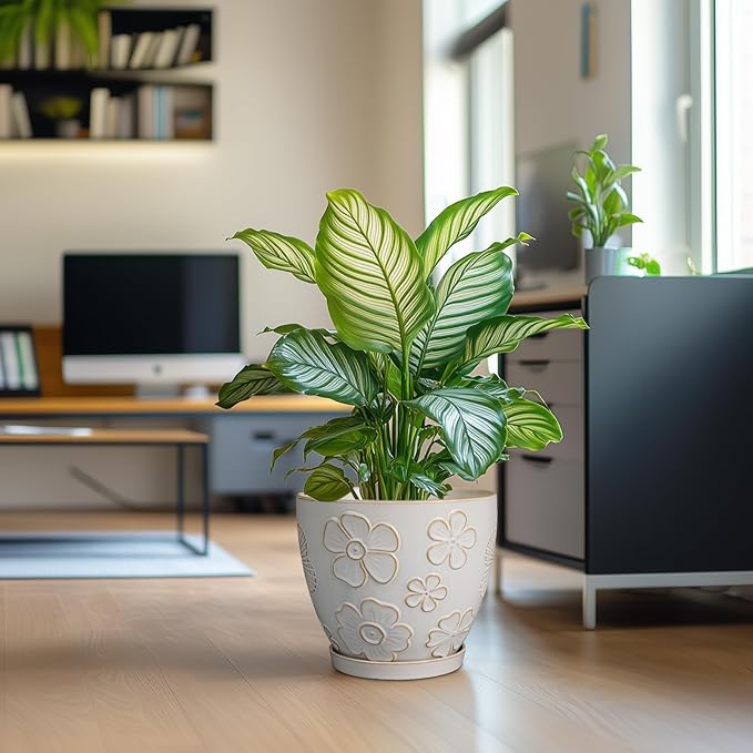 10 Inch Ceramic Planter Pot Large Plant Pot for Indoor Plants Outdoor Round Flower Pot with Drainage Hole and Saucer for Home Garden Decor White-HomvellaHome