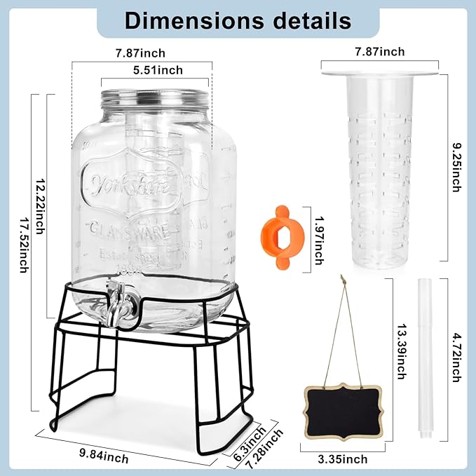 2 Gallon Glass Drink Dispensers For Parties,Beverage Dispensers With Stand And 100% Leakproof Stainless Steel Spigot.Glass Water Jug Dispenser,Lemonade Dispenser,Mason Jar.-HomvellaHome