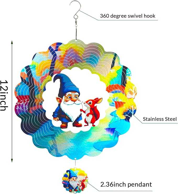 Gnomes Hanging Wind Spinners,12 Inch 3D Garden Spinner Kinetic Art Garden Decorations，Stainless Steel Reflective Wind Spinners for Yard-HomvellaHome