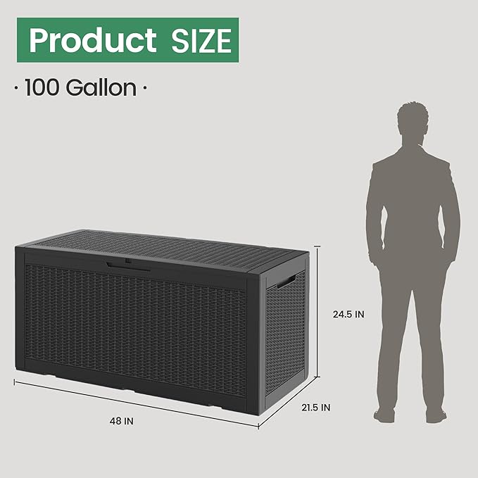 100 Gallon Storage Box, Waterproof Resin Deck Box with Hydraulic Piston Design, Lockable Storage Bench for Package Delivery, Storage Bin for Patio Cushions, Garden Tools, Black-HomvellaHome