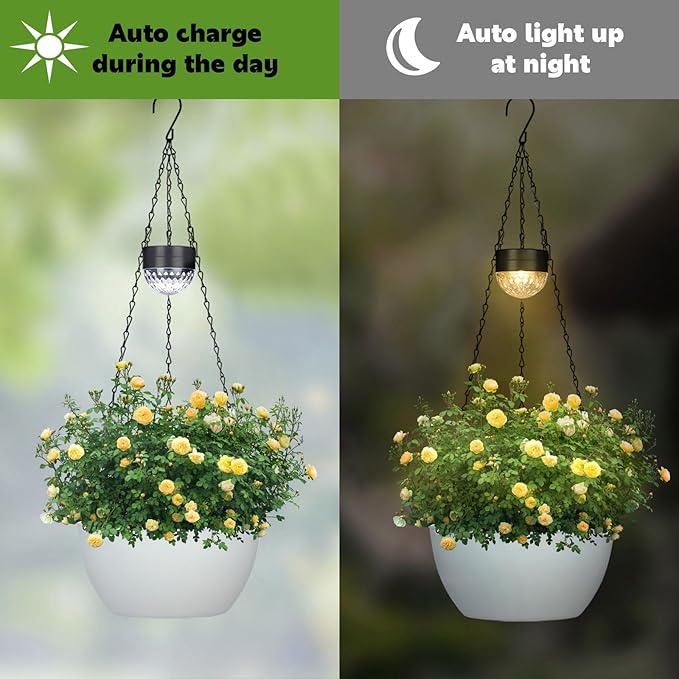 2 Packs Solar Hanging Basket Planters for Plants Outdoor, Self Watering White Flower Plants Pots with Solar Light Drainer for Balcony Patio Garden Outdoor Decoration-HomvellaHome