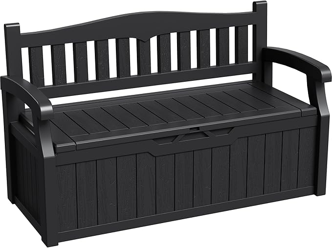 Greesum 80 Gallon Storage Bench Outdoor Deck Box with Armrest, Patio Furniture,Lockable, Waterproof and UV Resistant, Suitable for Garden, Pool, Black-HomvellaHome