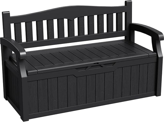 Greesum 80 Gallon Storage Bench Outdoor Deck Box with Armrest, Patio Furniture,Lockable, Waterproof and UV Resistant, Suitable for Garden, Pool, Black-HomvellaHome