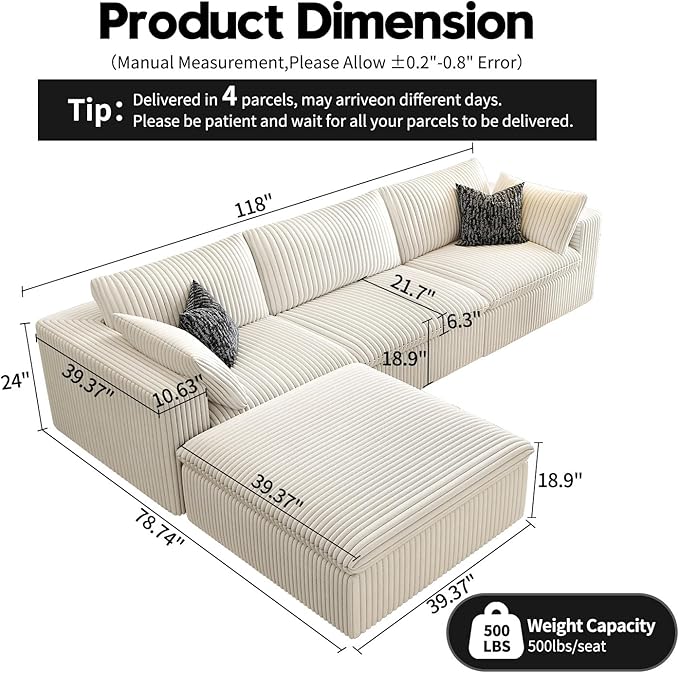 118" Cloud Couch Modular Sectional Sofa for Living Room,Modern Sofa with Deep Seat，L-Shape Boneless Couch with Ottoman,Comfy Upholstered Corduroy Couches for Apartment, Studio, Office,Bedroom，White-HomvellaHome