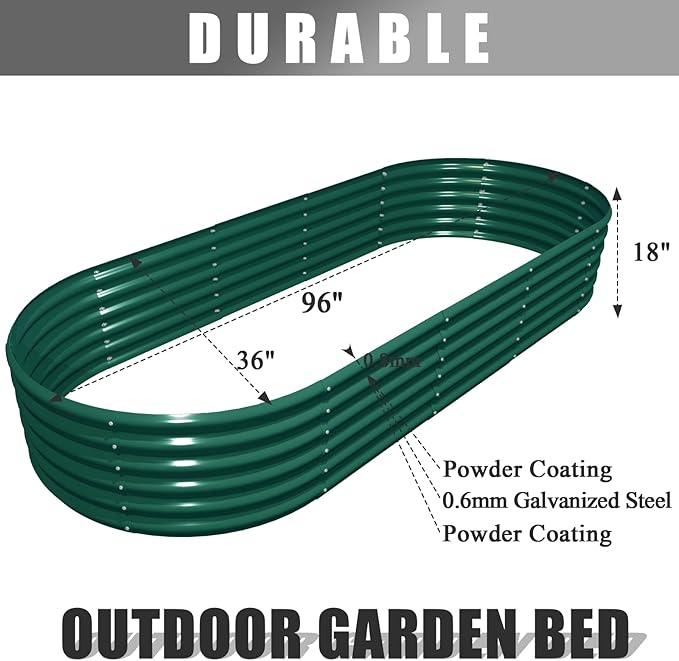 1 Pack 8x3x1.5FT Galvanized Raised Garden Bed Kit Oval Metal Ground Planter Box Outdoor Bottomless Planter Raised Beds for Vegetables Flowers Herbs Fruits, Green-HomvellaHome
