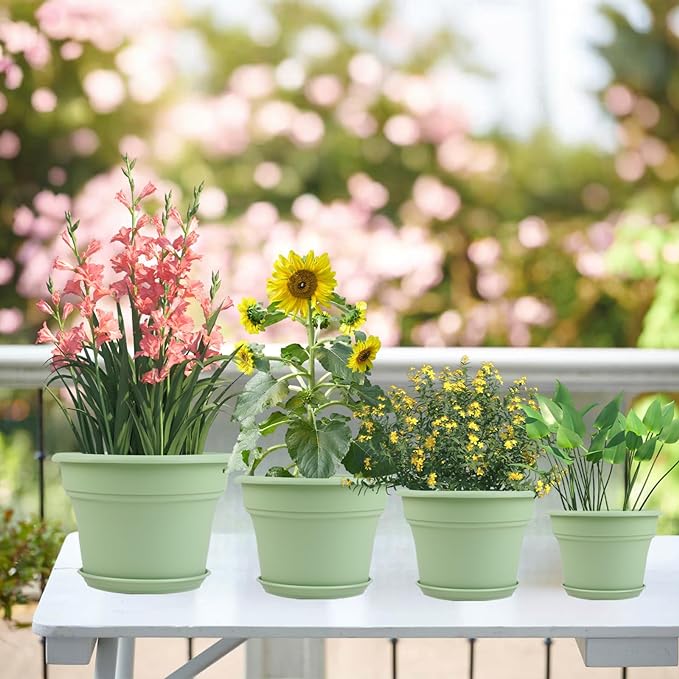 11 Inch Plastic-Flower-Pot-for-Indoor-Plants, 4 Pack Large Outdoor Planter Pot with Drainage Holes & Saucers, Resin Decorative Garden Pots Planters-HomvellaHome