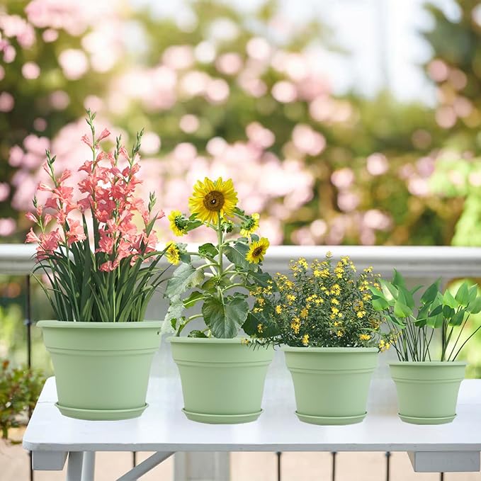 10 Inch Plastic-Flower-Pot-for-Indoor-Plants, 4 Pack Large Outdoor Planter Pot with Drainage Holes & Saucers, Resin Decorative Garden Pots Planters-HomvellaHome