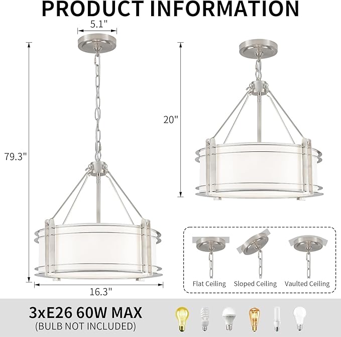 16.3''Drum Chandelier 3-Light Brushed Nickel Modern White Fabric Chandeliers Adjustable Drum Pendant Light for Dining Room Kitchen Island Hallway Living Bedroom-HomvellaHome
