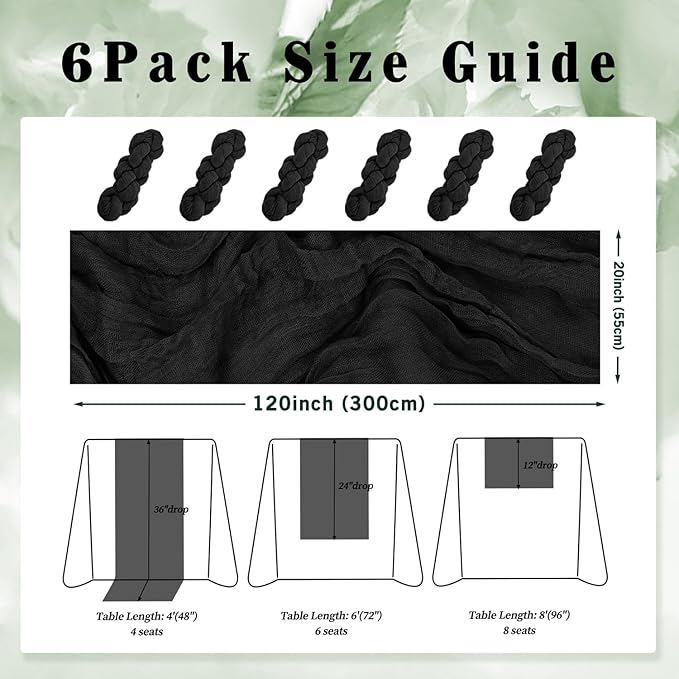 10FT 6 Pack Black Cheesecloth Table Runner 20 x 120 Inch Long Boho Fabric Rustic Cheese Cloth Table Runner for Wedding Bridal Shower Baby Shower Gauze Sheer Birthday Party Table Decorations-HomvellaHome