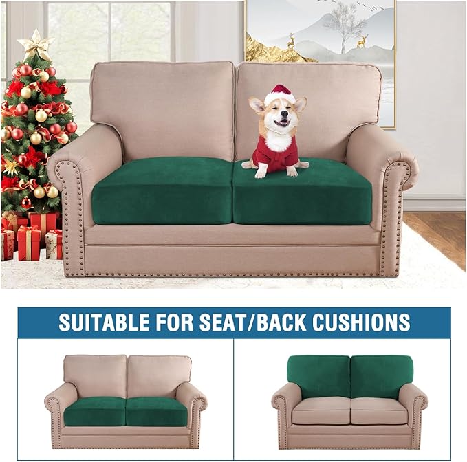 H.VERSAILTEX Velvet Stretch Couch Cushion Cover Plush Cushion Slipcover Cushion Furniture Protector for Seat Cushion Sofa Cover (2 Piece Medium Sofa Cushion Covers, Vintage Green)-HomvellaHome