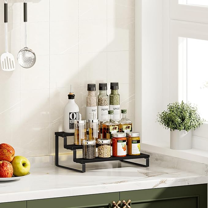 Giikin 3 Tier Spice Rack, Cabinet Organizer Shelf, Wooden Spice Rack for Countertop, Kitchen Counter Storage Shelves Cupcake Stand Holder Display Stand, Black-HomvellaHome