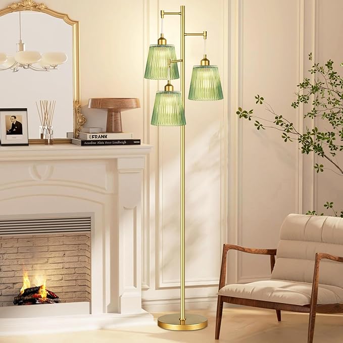 Gold Floor Lamp for Living Room,Bedroom,Mid Century Modern Standing Lamp Brass Tree 3 Light Tall Floor Lamps Vintage Retro Floor Lights Glass Green Flower Lamp Shade Farmhouse Boho Bohemian-HomvellaHome