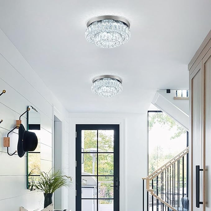 11.8" LED Chandelier 2-Layer Crystal Ceiling Light Fixture with Remote Control Flush Mount Chandelier Light for Hallway Bedroom Living Room Kitchen Foyer(dimmable)-HomvellaHome