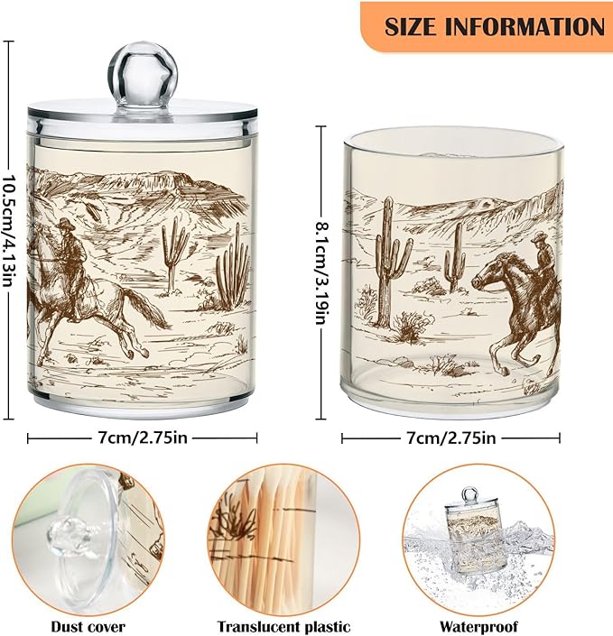2 Pack Qtip Holder Organizer Dispenser Western Desert Cowboy Bathroom Storage Canister Cotton Ball Holder Container for Cotton Swabs/Pads/Floss-HomvellaHome