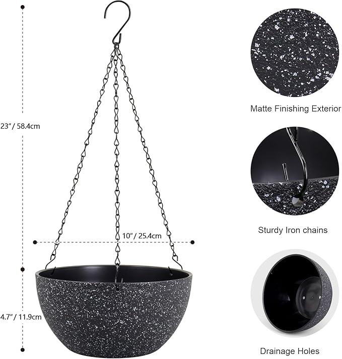10 inch Hanging Planters for Indoor Outdoor Plants, 2 Pack Hanging Flower Plant Pots with Drainage Holes and Chain for Garden Porch, Plastic Hanging Baskets for House Plants, Speckled Black-HomvellaHome
