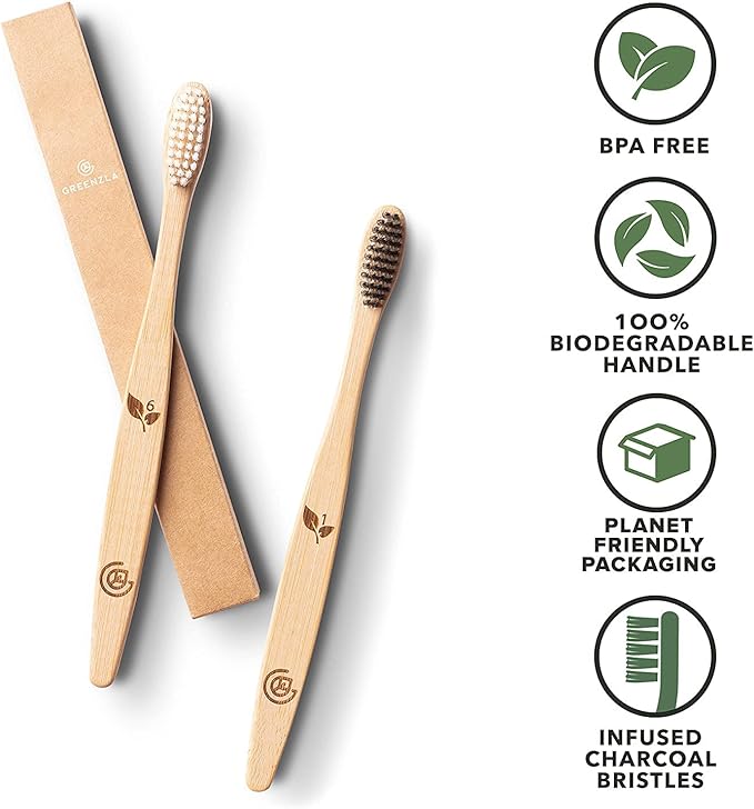 Greenzla Bamboo Toothbrushes for Adults – 12 Pack Wooden Toothbrush Set with Charcoal-Infused Soft Bristles, Natural Oral Care for Daily Use-HomvellaHome