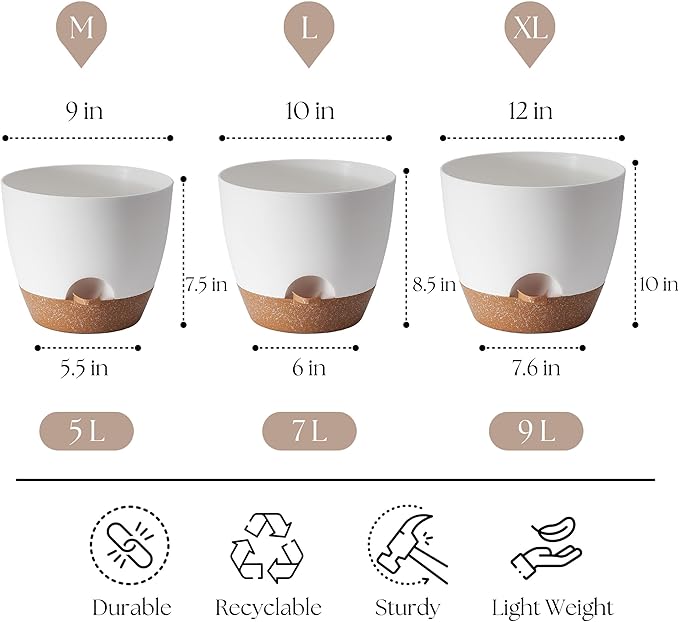 Giraffe Creation Plant Pots Set of 3 (12/10/9 inch), Self-Watering Indoor & Outdoor Flower Planters with Drainage Hole and Reservoir, White-HomvellaHome