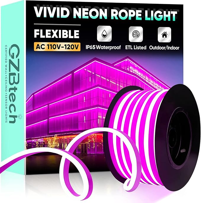 GZBtech Flexible LED Neon Rope Lights 33FT,AC 110-120V Waterproof Strip Light, 120 LEDs/M Cuttable Connectable Neon Lighting for Indoor Outdoor Home Decor/Commercial Building Use-Pink 10M-HomvellaHome