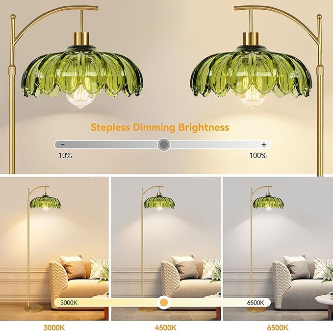 Gold Floor Lamps for Living Room Glass Vintage Floor Lamp with Remote Control,Dimmable Mid Century Modern Standing Lamp with 3 Color Temperature Tall Flower Lamp Brass Floor lamp for Bedroom Corner-HomvellaHome