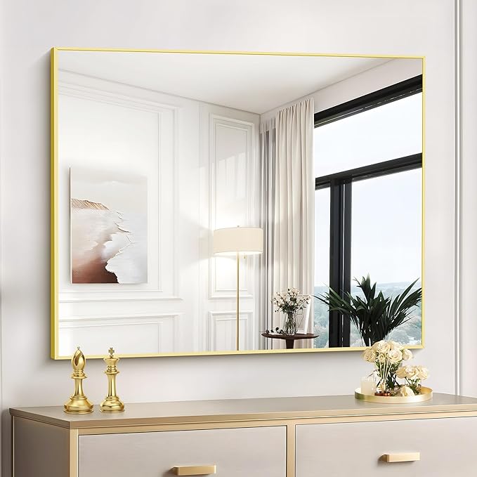 Gold Bathroom Mirror for Wall, 30x36 Inch Rectangle with Metal Frame, Modern Vanity for Bathroom Living Room, Entryway Hangs Horizontal or Vertical-HomvellaHome
