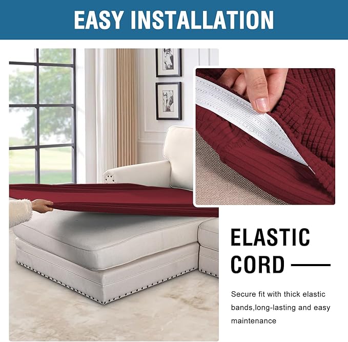 H.VERSAILTEX Super Stretch Individual Chaise Cover Sectional Couch Covers for L Shaped Sofa Both Left/Right Featuring Thick Jacquard Textured Twill Fabric (1 Piece Chaise Cover, Burgundy Red)-HomvellaHome