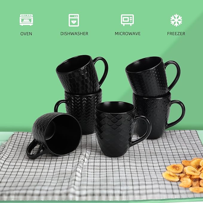 16 OZ Bone Coffee Mugs Set of 6 Matte Black, Large Ceramic Coffee Mugs Set with Different Texture Patterns, Porcelain Cups with Handle for Espresso Latte Tea Milk-HomvellaHome