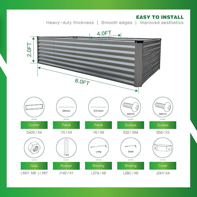 GARDMAX 8x4x2FT Galvanized Raised Garden Bed Kit, Metal Planter Boxes Outdoor with Easy Assembly, Large Garden Bed for Vegetables, Fruits, Flower, Herbs Rectangle Silver-HomvellaHome