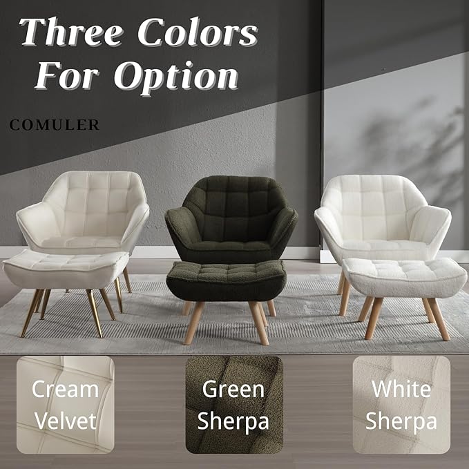 Green Sherpa Accent Chair with Ottoman ，Modern Reading Chair with Ottoman Set, Comfy Fuzzy Armchair Living Room Chair Lounge Chair with Wood Legs for Small Spaces Bedroom Apartment-HomvellaHome