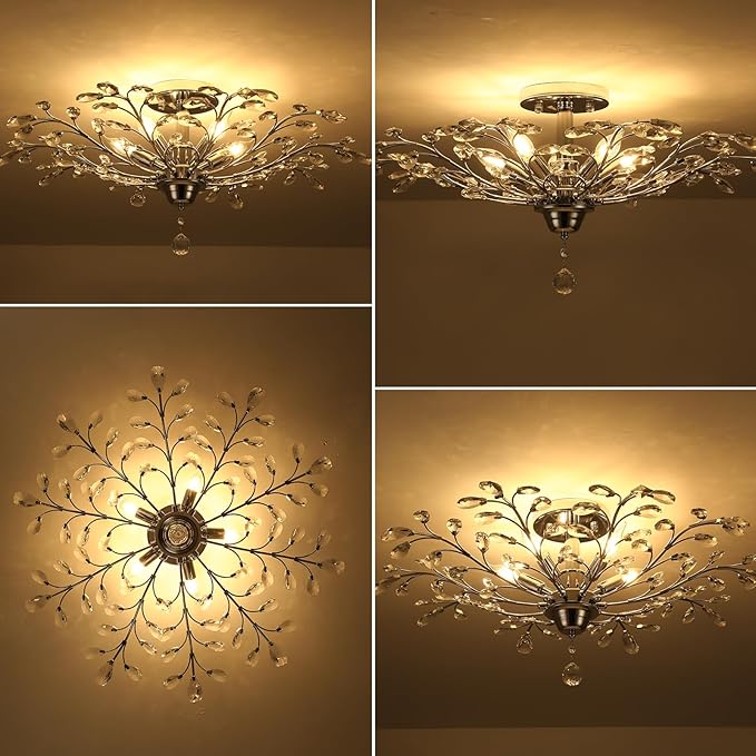Ganeed Frozen Crystal Branch Close to Ceiling Light Chrome Silvery Vintage Chandelier with 5-Light Heads, Modern K9 Crystal Chandelier for Dining Room Living Room Bedroom Kitchen Over Table-HomvellaHome