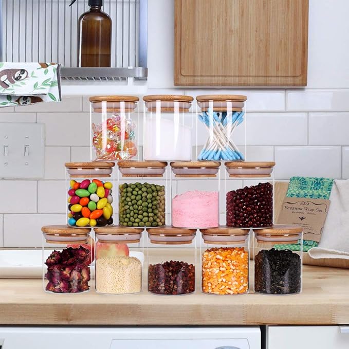 Glass Jars Set,Upgrade Spice Jars with Wood Airtight Lids and Labels, 6oz 12 Piece Small Food Storage Containers for Home Kitchen, Tea, Herbs, Sugar, Salt, Coffee, Flour, Herbs, Grains…-HomvellaHome