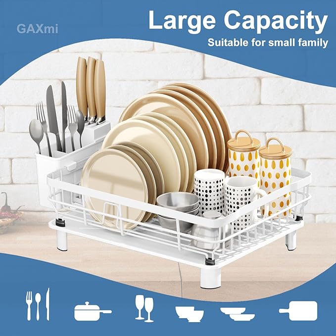 GAXmi Dish Drying Rack Over The Sink Dish Drainer with Drainboard Utensil Holder, 1-Tier White-HomvellaHome