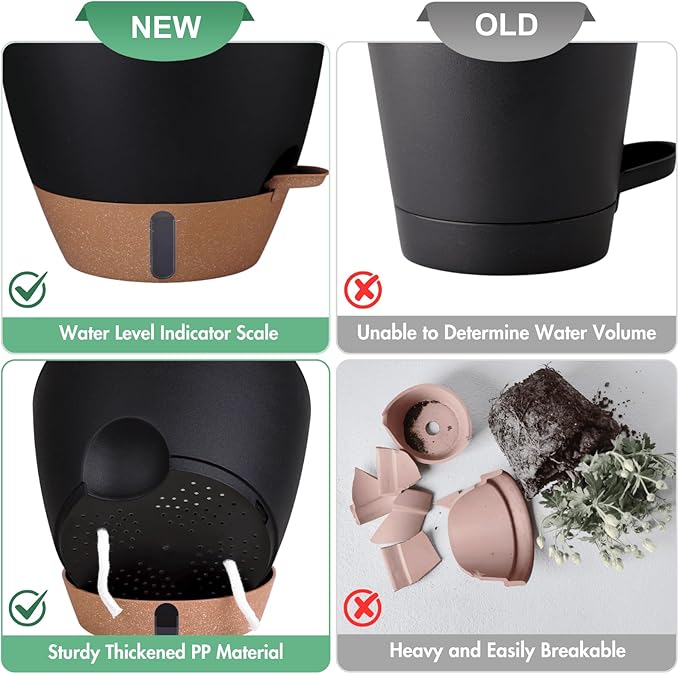 2 Pack 10 inch Plant Pots, PP Plastic Self Watering Plant Pot with Drainage and Tray for Indoor Outdoor Plants , Water Level Window & Reservoir Flower Pots Decorative Planter (Black, 10 Inch)-HomvellaHome