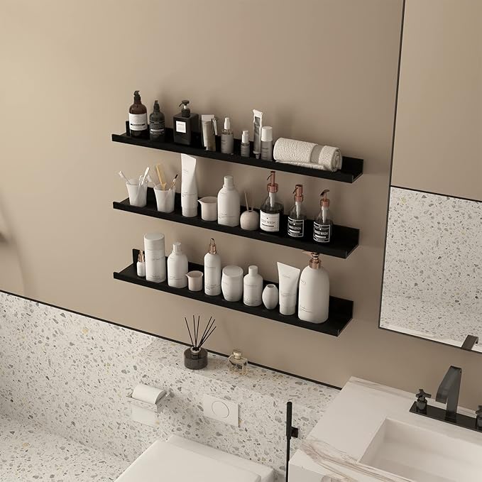 Giftgarden 36 Inch Black Floating Shelves for Wall Woodgrain Picture Ledge Large Photo Shelf for Bedroom Living Room Kitchen Bathroom Storage Shelving, Set of 3 Different Sizes-HomvellaHome