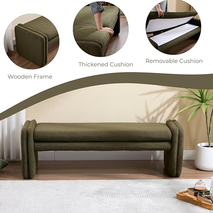 Green Boucle Bench 50" Sherpa End of Bed Bench Modern Upholstered Bench for Bedroom Entryway Living Room Vanity Makeup Room, Teddy Fabric Bench with Seating-HomvellaHome