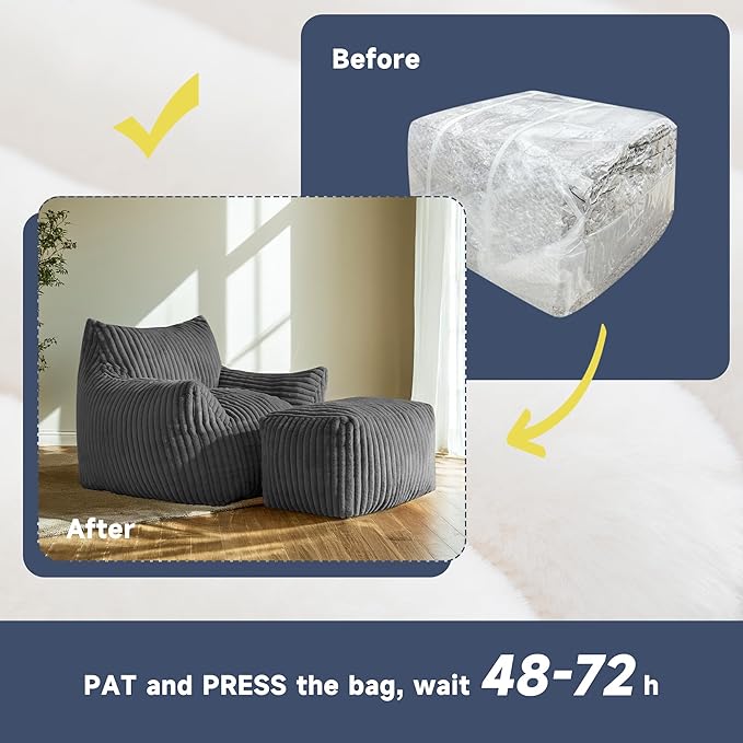 Giant Bean Bag Chairs for Adults, Oversized Chaise Lounge Chair Indoor with Memory Foam - Plush Boneless Lounger & Ottoman for Bedroom, Living Room, Gaming & Reading, Lazy Floor Sofa Chair, Gray-HomvellaHome