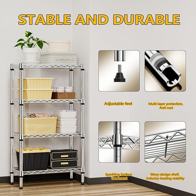 1000 lbs 4 Tier Shelf Metal Storage Shelves Wire Rack Closet Organizers for Garage Kitchen Bathroom Laundry Chrome 11.8" D x 25.6" W x 45.5" H-HomvellaHome