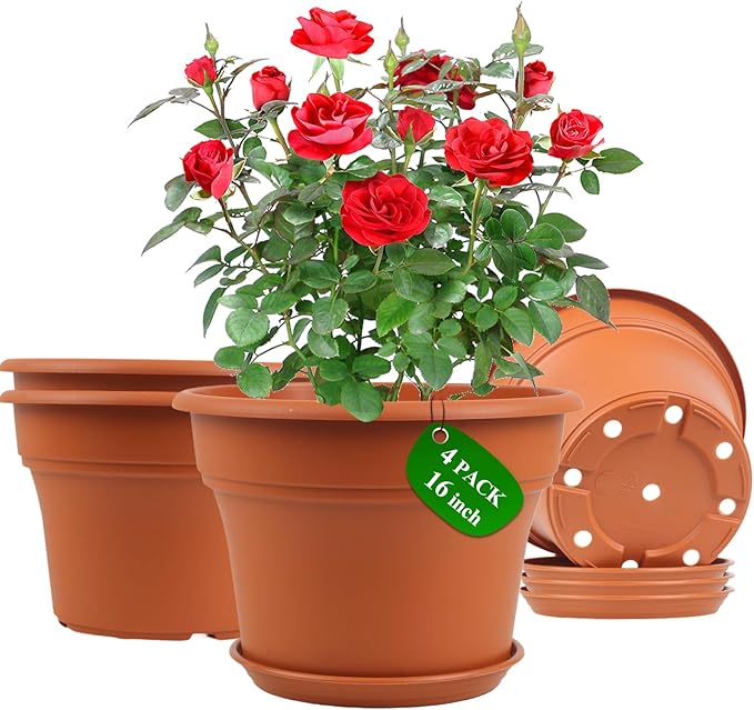 16 inch Plastic-Flower-Pot-for-Indoor-Plants, 4 Pack Large Outdoor Planter Pot with Drainage Holes & Saucers, Resin Decorative Garden Pots Planters-HomvellaHome