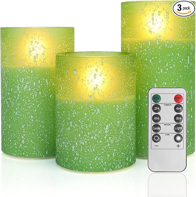 Green Flameless Candles with Remote, Glass LED Pillar Battery Operated Candles with Timer, Flickering Decorative Lights for Home Weddings Holidays Gift Set of 3-HomvellaHome