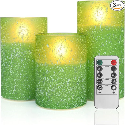 Green Flameless Candles with Remote, Glass LED Pillar Battery Operated Candles with Timer, Flickering Decorative Lights for Home Weddings Holidays Gift Set of 3-HomvellaHome