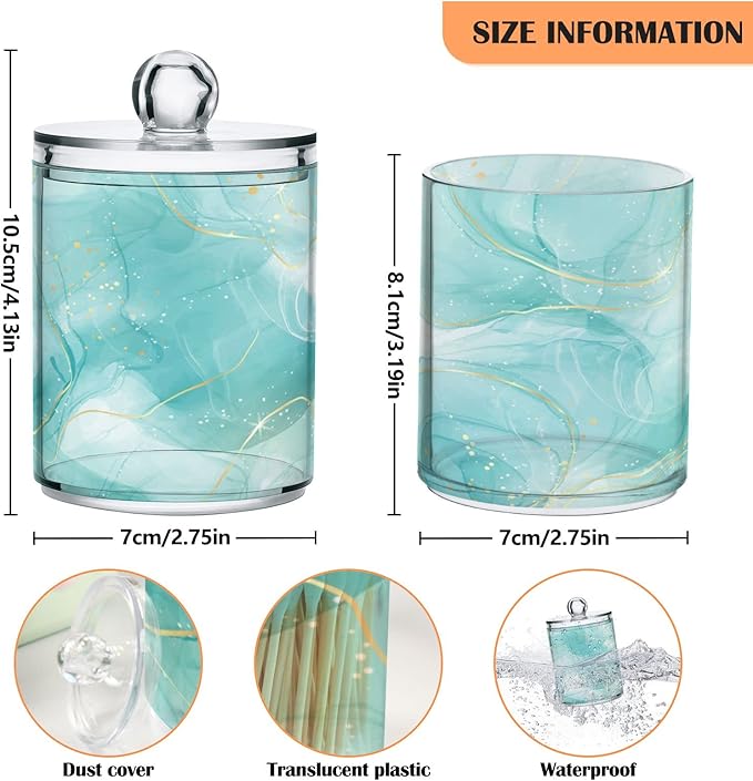 2 Pack Qtip Holder Dispenser Turquoise Marble Bathroom Storage Canister Lid Acrylic Plastic Apothecary Jar Set Vanity Makeup Organizer for Cotton Swabs/Pads/Floss-HomvellaHome