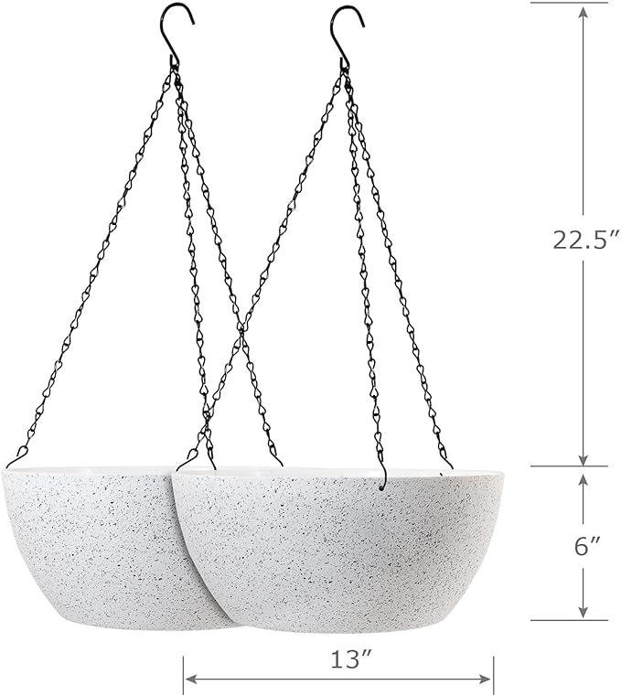 13 inch Large Hanging Planters Plant Pots for Outdoor Indoor Plants with Drainage Holes and Chain, 2 Pack Round Hanging Flower Pots for Garden Home Porch Decor, Speckled White-HomvellaHome