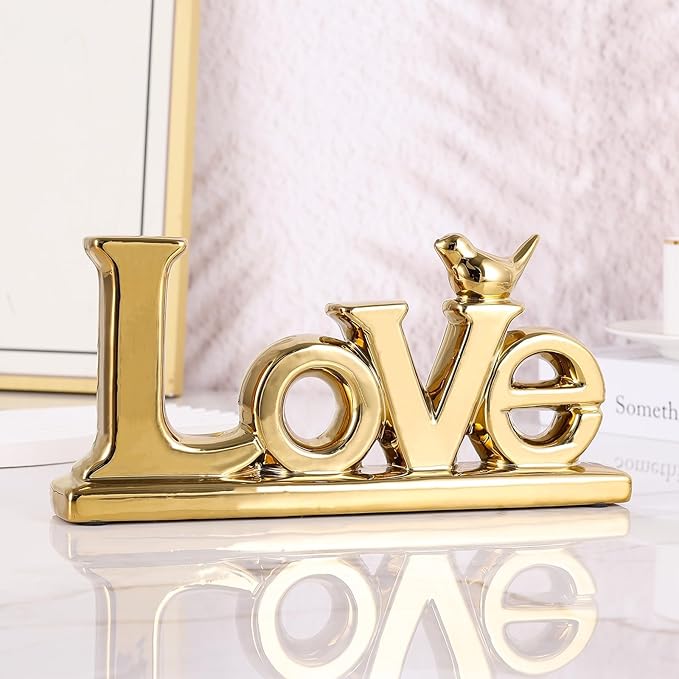 Gold Love Sign Statue - Personalized Home Decor, Bird Sculpture for Living Room, Bedroom, Desktop & Cabinets-HomvellaHome