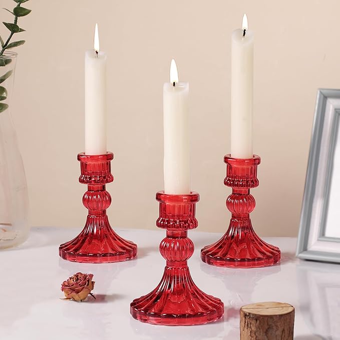 12PCS Red Candlestick Holders Set- 4" H Taper Candle Holders, Glass Candle Holders Bulk for Activities, Party, Home Table Centerpieces, Festival Gifts & Windowsill Decor-HomvellaHome