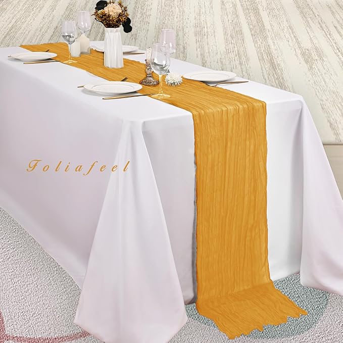 12 Pack Mustard 10FT Cheesecloth Table Runner Rustic Gauze Fabric Cheese Cloth Table Runner for Wedding Bridal Baby Shower Table Decor Boho Sheer Birthday Party Table Decorations 20 x 120 Inch Long-HomvellaHome